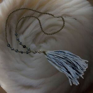 Women Silk Tassel Faceted Rhinestone & Snowflake Obsidian Necklace Boho Hippie